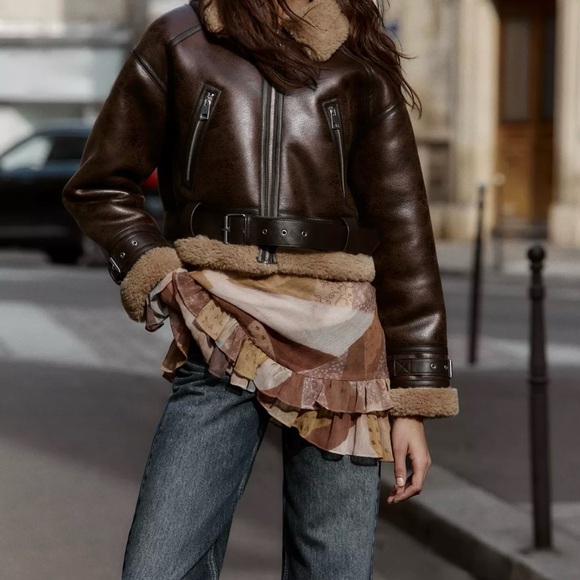 Zara Dark Brown Shearling Leather Jacket - Picture 1 of 4